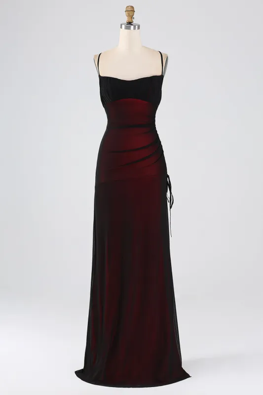 Black Red Sheath Spaghetti Straps Long Bridesmaid Dress with Lace Up Back made by Wedtrend