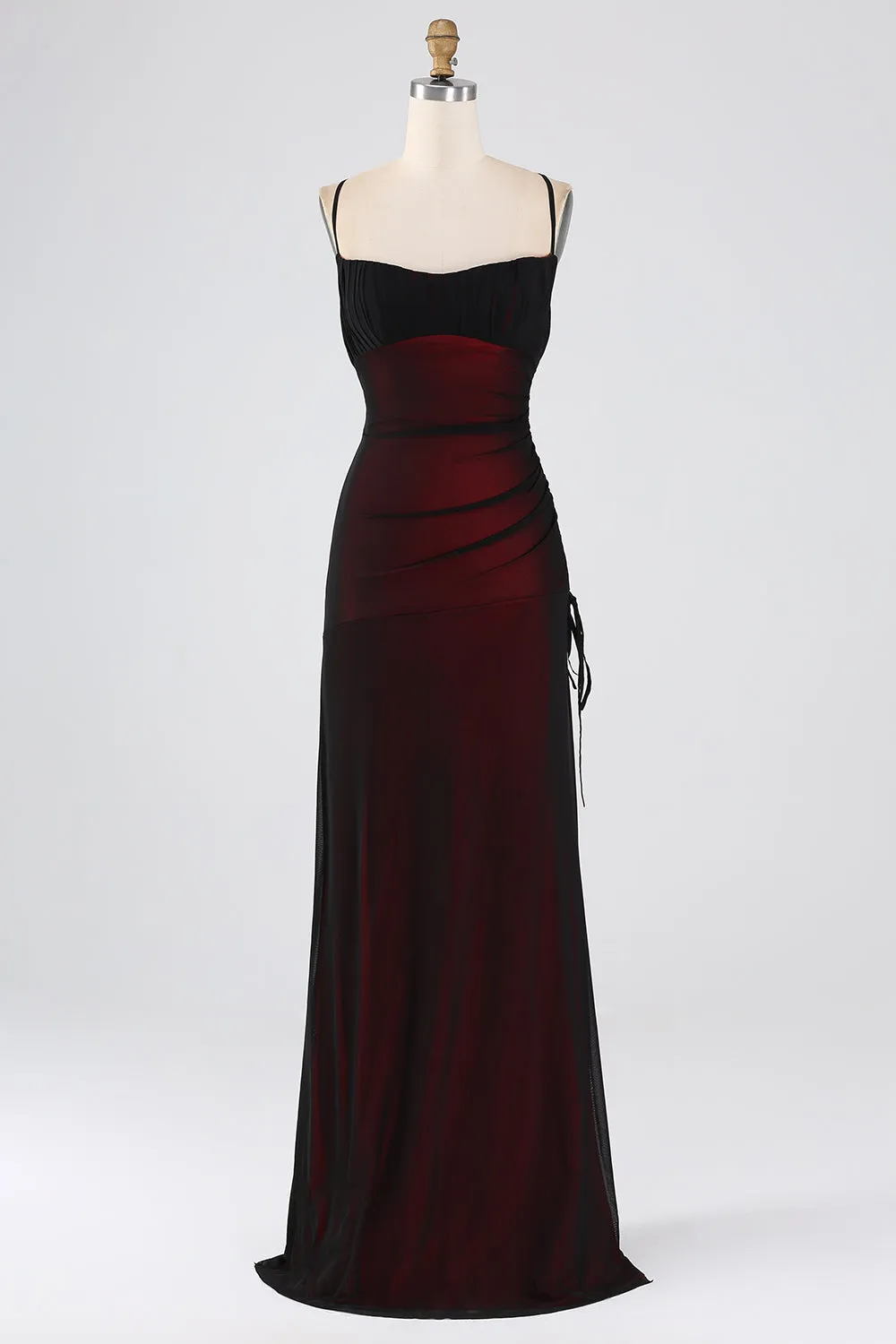 Black Red Sheath Spaghetti Straps Long Bridesmaid Dress with Lace Up Back sold by Wedtrend