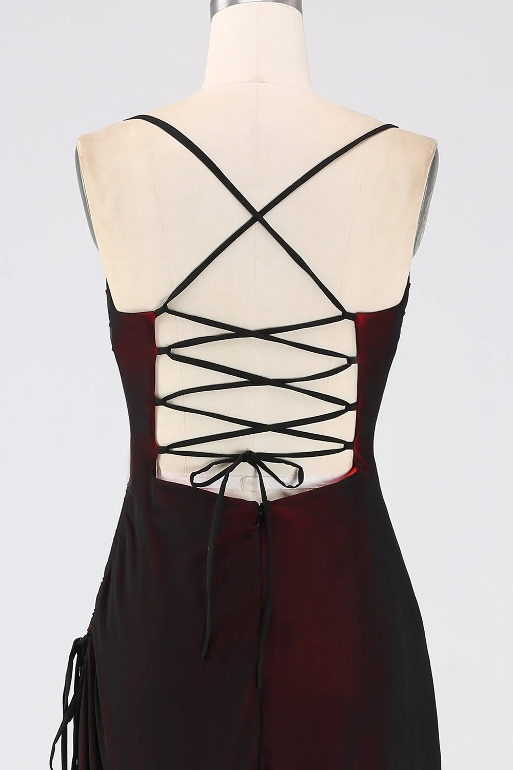 Black Red Sheath Spaghetti Straps Long Bridesmaid Dress with Lace Up Back sold by Wedtrend product image thumbnail 5