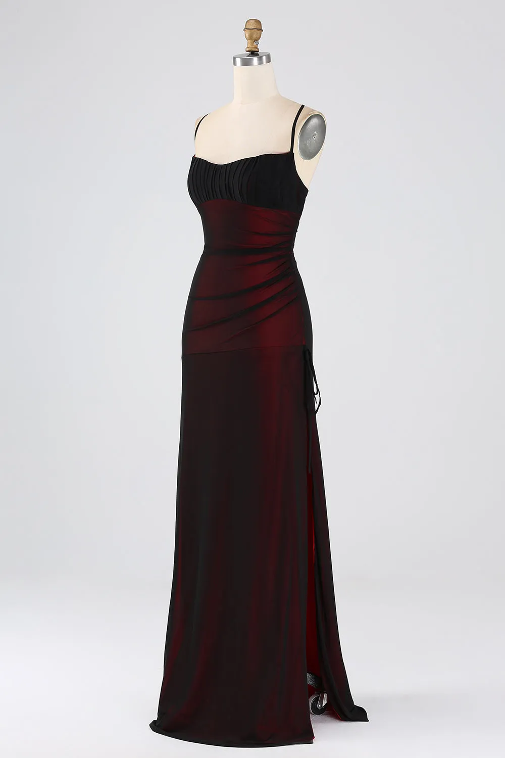 Black Red Sheath Spaghetti Straps Long Bridesmaid Dress with Lace Up Back sold by Wedtrend product image thumbnail 3