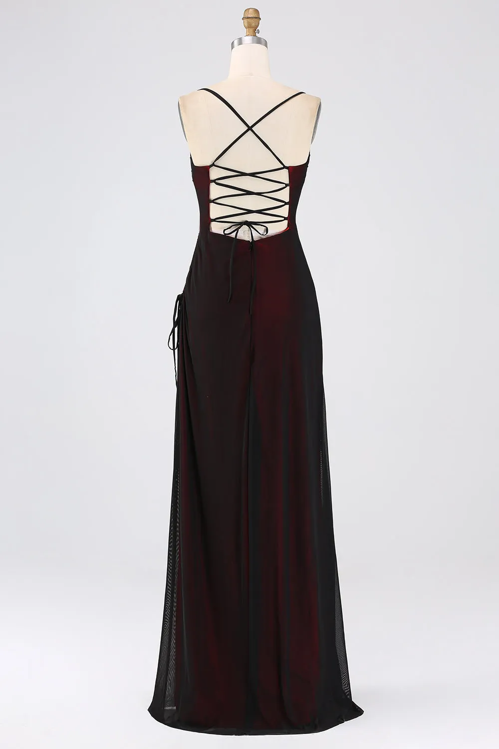 Black Red Sheath Spaghetti Straps Long Bridesmaid Dress with Lace Up Back sold by Wedtrend product image thumbnail 2