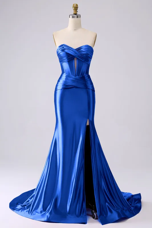 Sparkly Mermaid Sweetheart Corset Royal Blue Long Prom Dress with Slit sold by Wedtrend