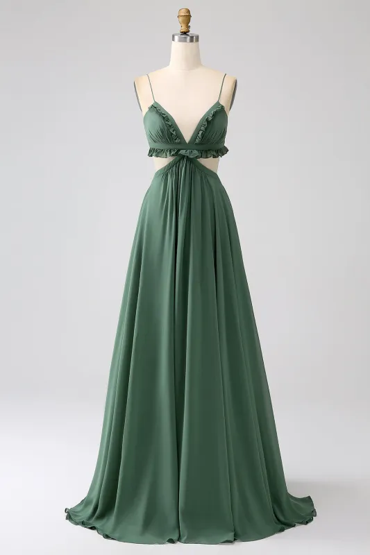 Eucalyptus A-Line Spaghetti Straps Backless Chiffon Long Bridesmaid Dress sold by Wedtrend