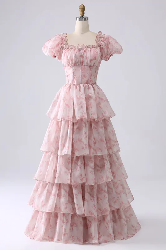 Blush A-Line Tiered Corset Prom Dress With Puff Sleeves sold by Wedtrend