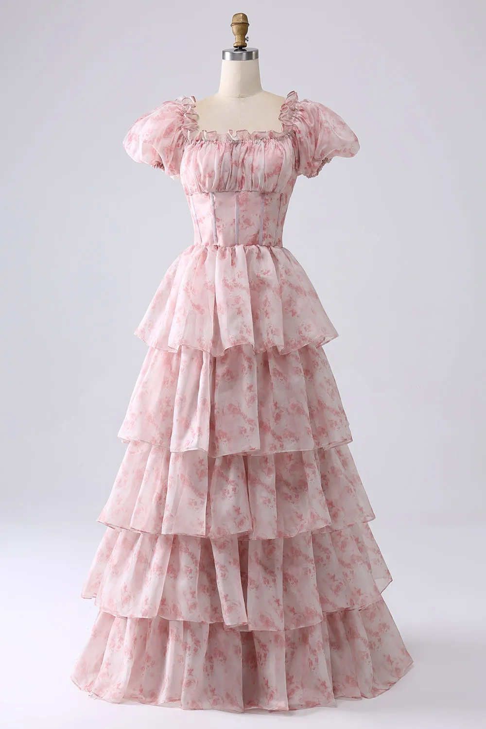 Blush A-Line Tiered Corset Prom Dress With Puff Sleeves sold by Wedtrend