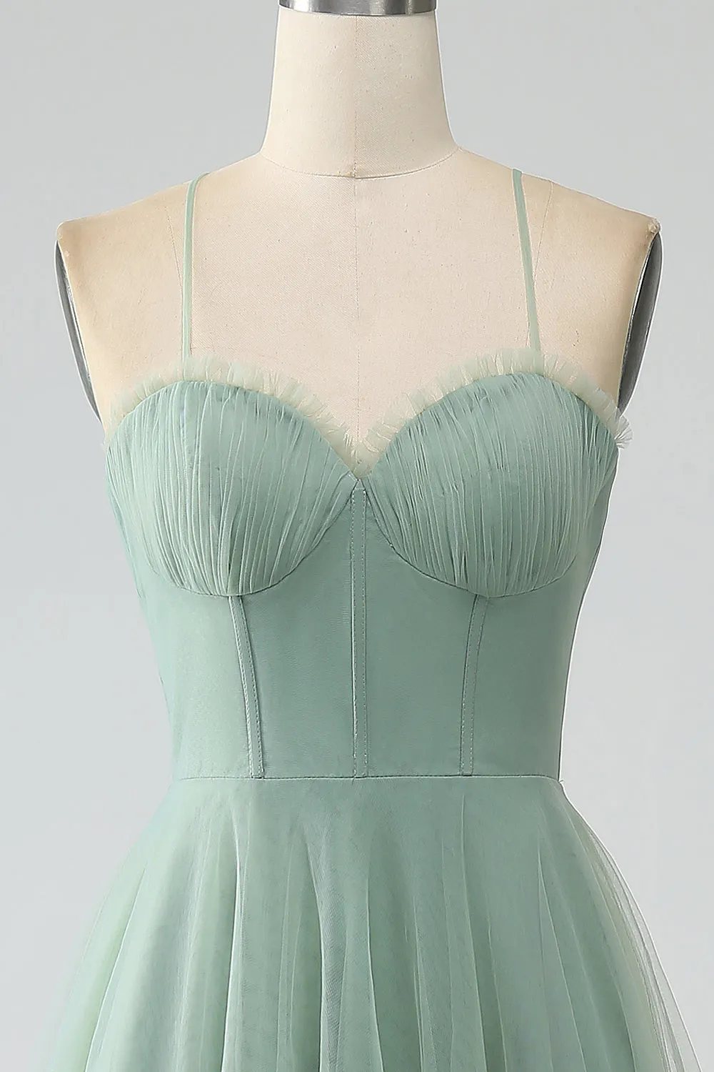 Matcha A-Line Spaghetti Straps Tea-Length Corset Tulle Bridesmaid Dress sold by Wedtrend product image thumbnail 4