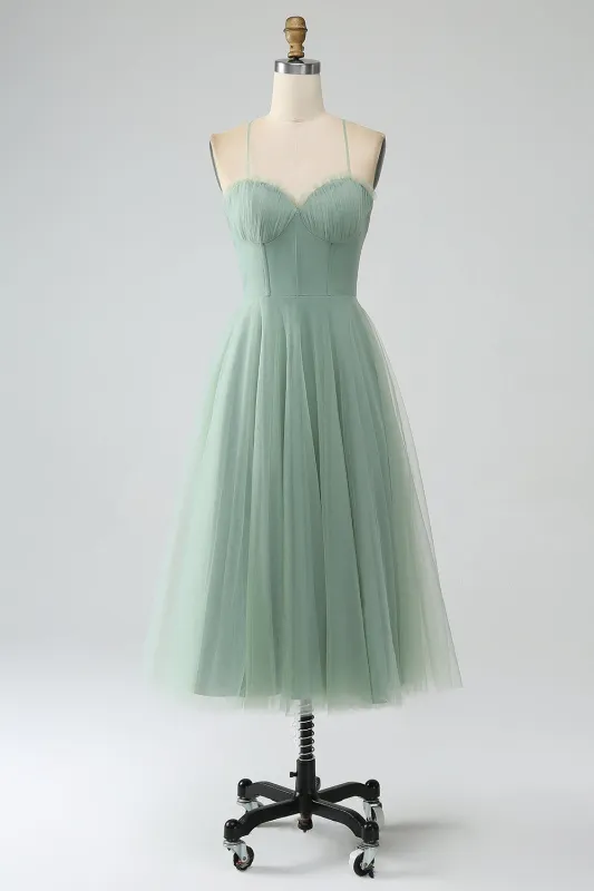 Matcha A-Line Spaghetti Straps Tea-Length Corset Tulle Bridesmaid Dress sold by Wedtrend