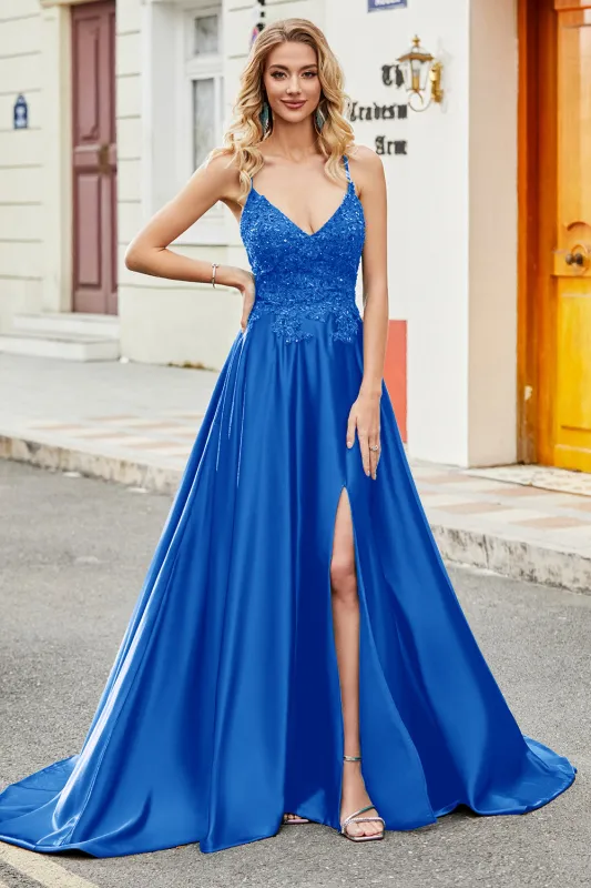 Royal Blue A Line Spaghetti Straps Long Backless Prom Dress with Appliques made by Wedtrend