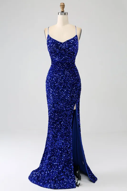 Sparkly Royal Blue Mermaid Spaghetti Straps Sequin Long Prom Dress With Split made by Wedtrend