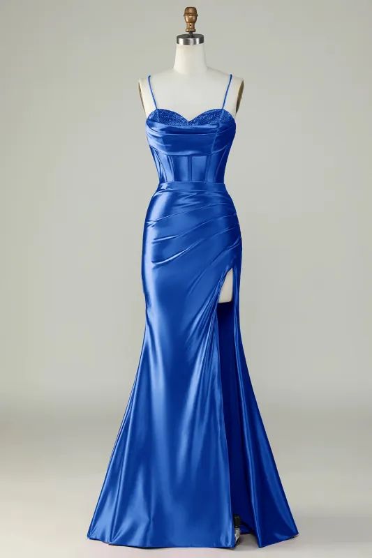 Royal Blue Mermaid Spaghetti Straps Long Prom Dress With Slit made by Wedtrend