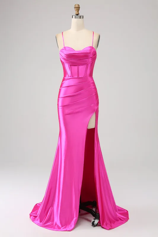 Stunning Fuchsia Mermaid Spaghetti Straps Corset Prom Dress with Split Front made by Wedtrend