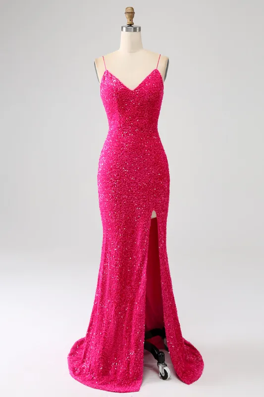 Fuchsia Mermaid Spaghetti Straps V-Neck Sequin Long Prom Dress With Split made by Wedtrend