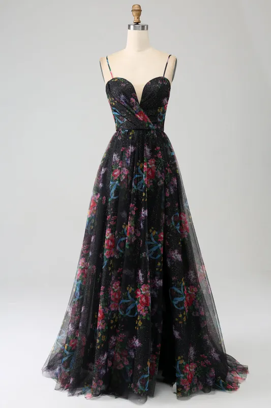 Black Printed A Line Spaghetti Straps Long Prom Dress with Slit made by Wedtrend