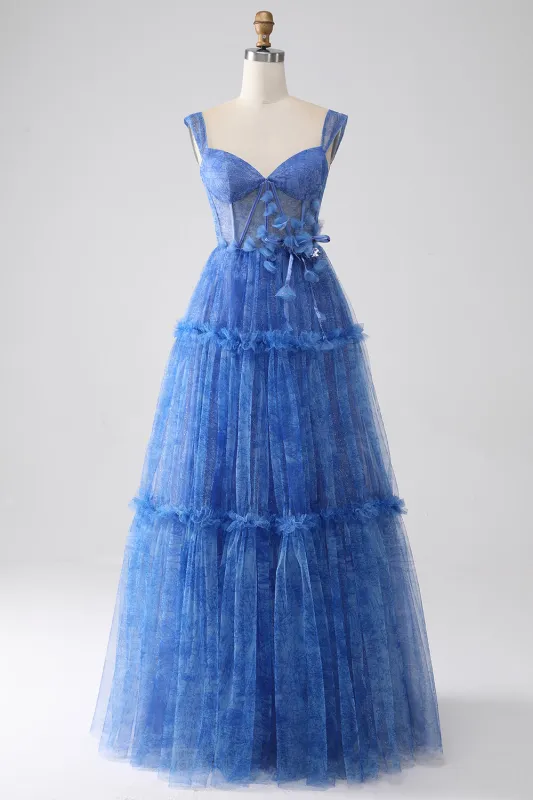 Blue Printed A Line Tulle Corset Long Prom Dress With Appliques made by Wedtrend