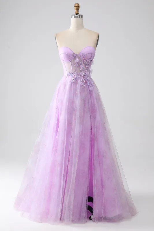 Lavender Printed A-Line Sweetheart Strapless Beaded Corset Prom Dress with Slit made by Wedtrend