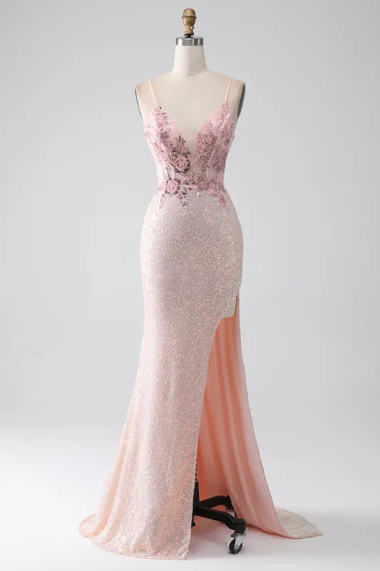 Glitter Pink Mermaid Spaghetti Straps Beaded Prom Dress with Slit sold by Wedtrend