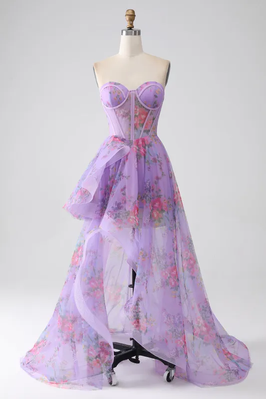 Purple Printed A-Line Sweetheart Strapless Corset Prom Dress With Slit made by Wedtrend