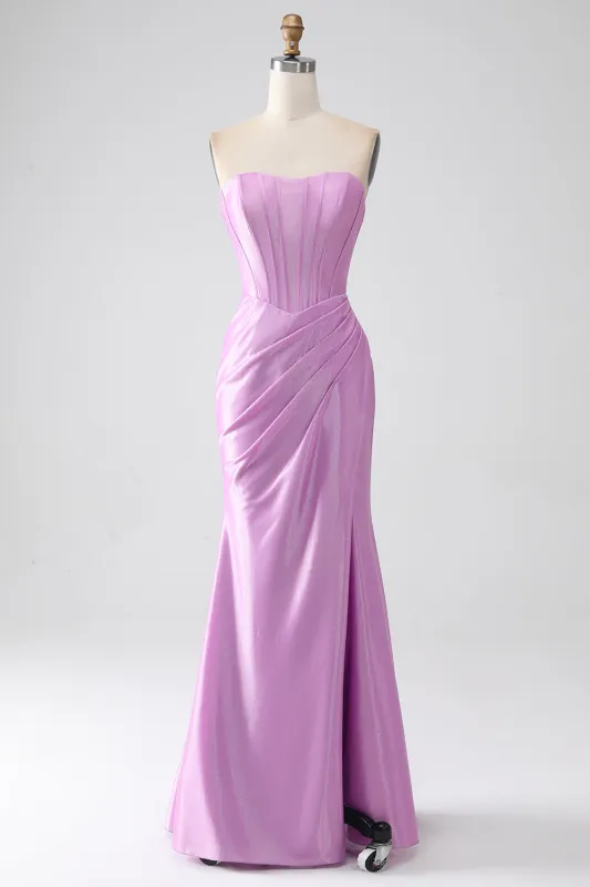 Purple Mermaid Strapless Corset Pleated Prom Dress with Slit sold by Wedtrend