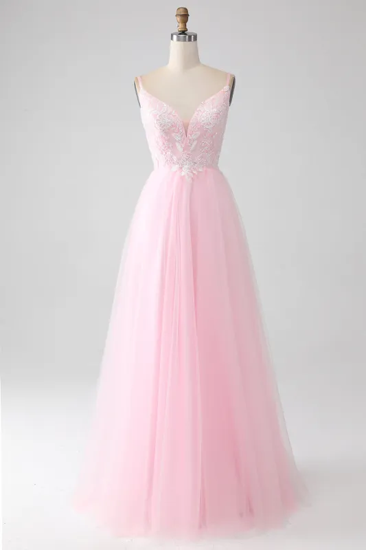 Light Pink A-Line Spaghetti Straps Sequins Prom Dress with Beading made by Wedtrend