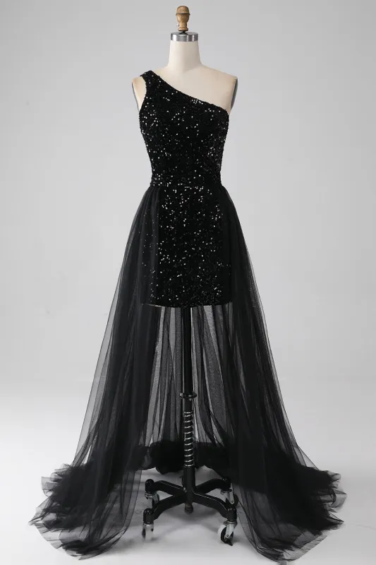 Sparkly Black A-Line One Shoulder Sequins Long Prom Dress made by Wedtrend