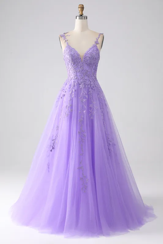 A-Line Spaghetti Straps Long Lilac Prom Dress with Appliques made by Wedtrend