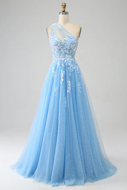 Stunning Light Blue A Line One Shoulder Long Tulle Prom Dress with Appliques sold by Wedtrend