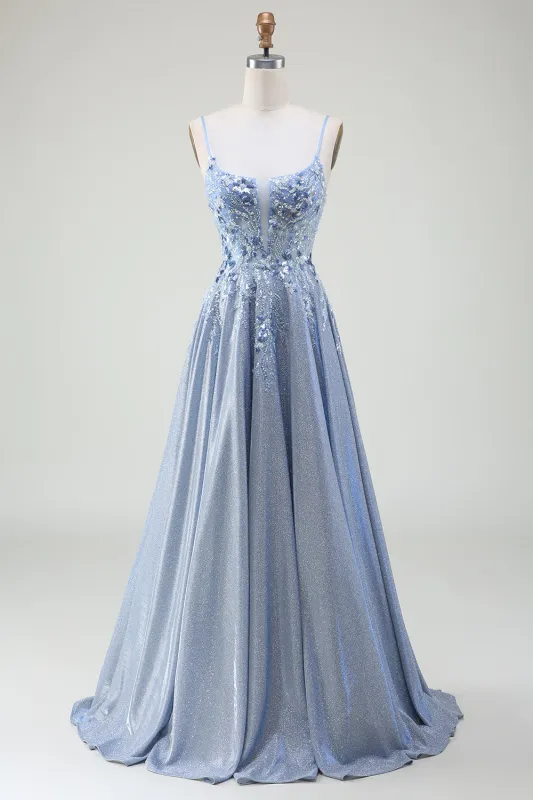 Glitter Grey Blue A-Line Spaghetti Straps Long Prom Dress With Sequins made by Wedtrend