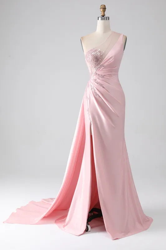 Pink Mermaid One Shoulder Sequins Appliques Ruched Long Prom Dress With Slit made by Wedtrend