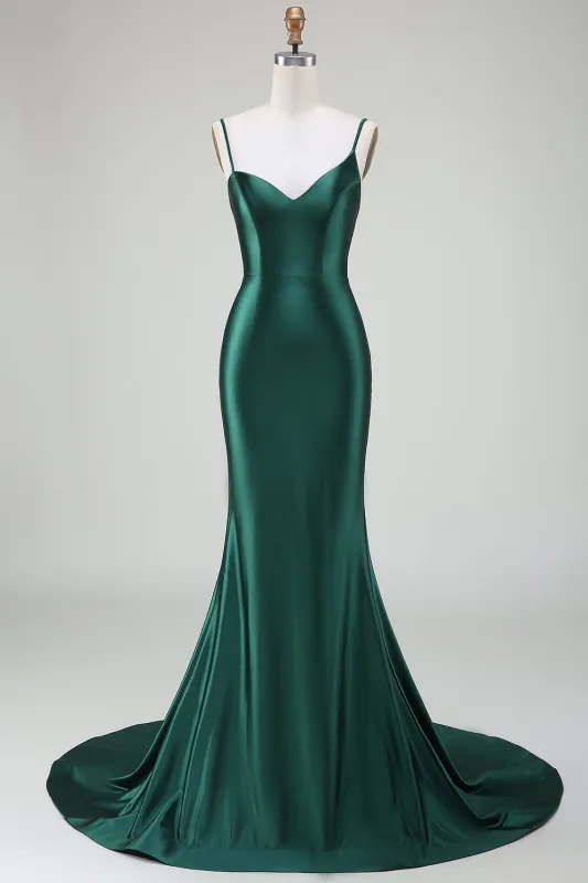 Dark Green Mermaid Spaghetti Straps Sweep Train Long Prom Dress made by Wedtrend