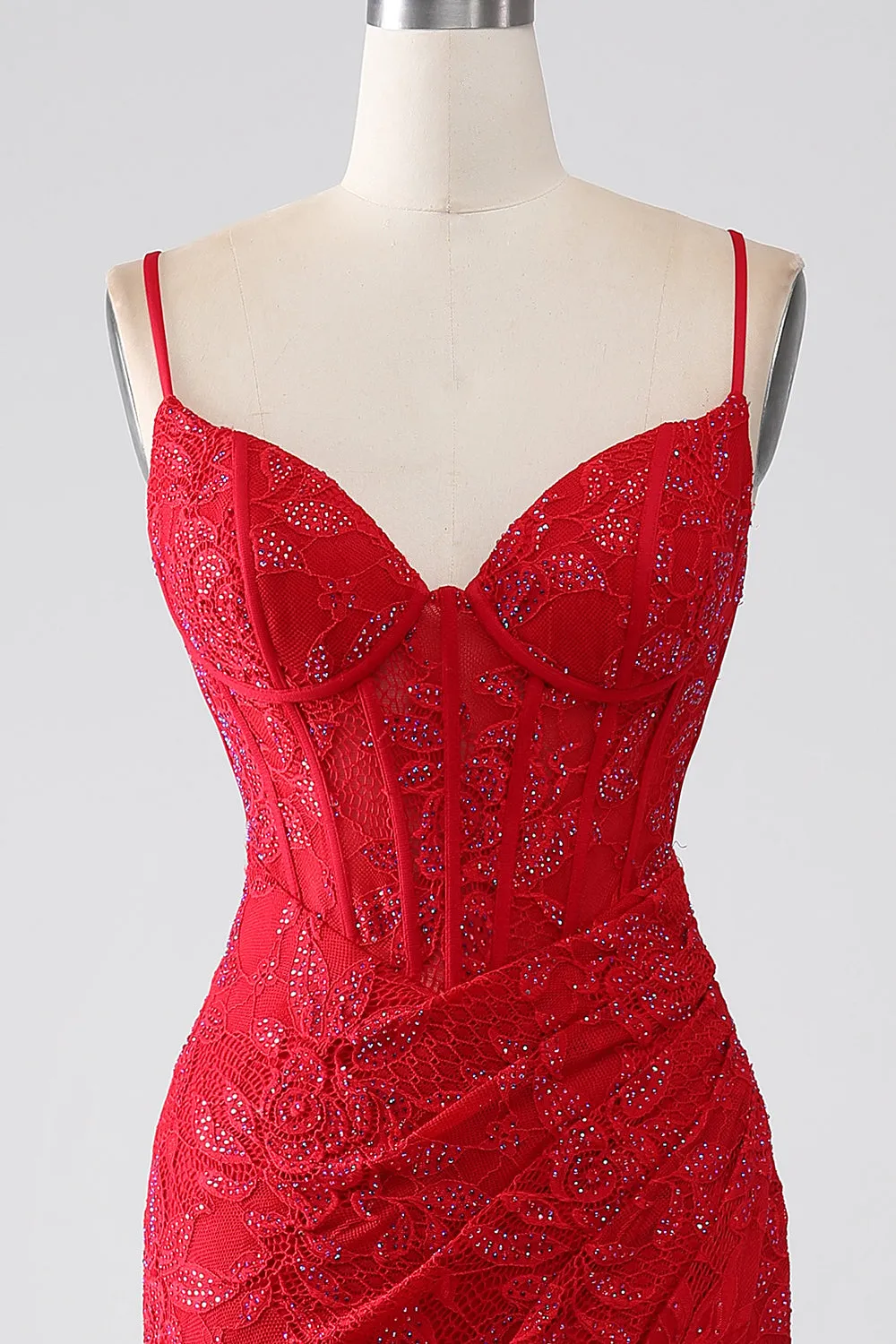 Red Mermaid Spaghetti Straps Beaded Lace Applique Long Prom Dress With Slit sold by Wedtrend product image thumbnail 4