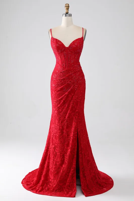 Red Mermaid Spaghetti Straps Beaded Lace Applique Long Prom Dress With Slit made by Wedtrend