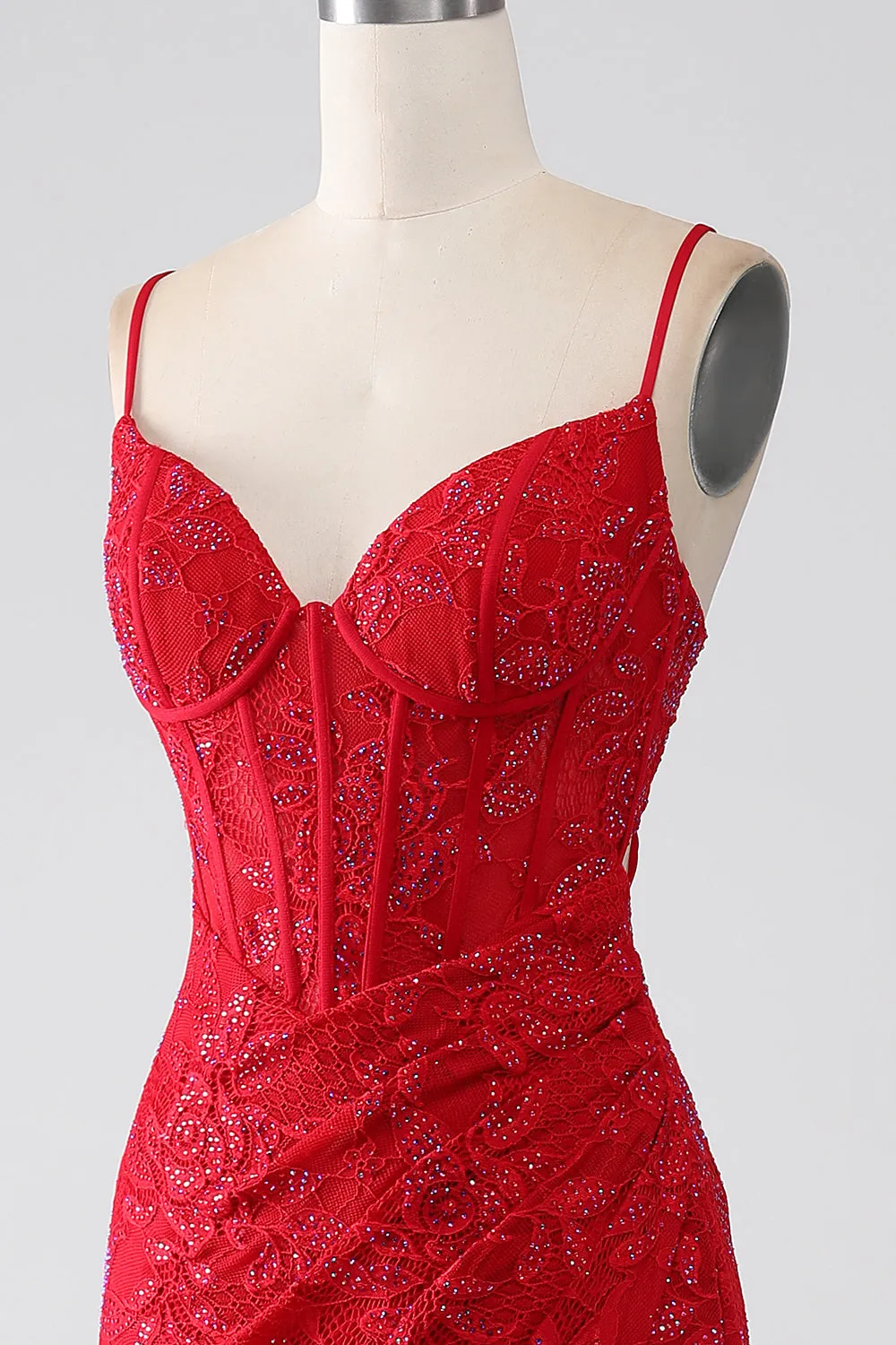 Red Mermaid Spaghetti Straps Beaded Lace Applique Long Prom Dress With Slit sold by Wedtrend product image thumbnail 5