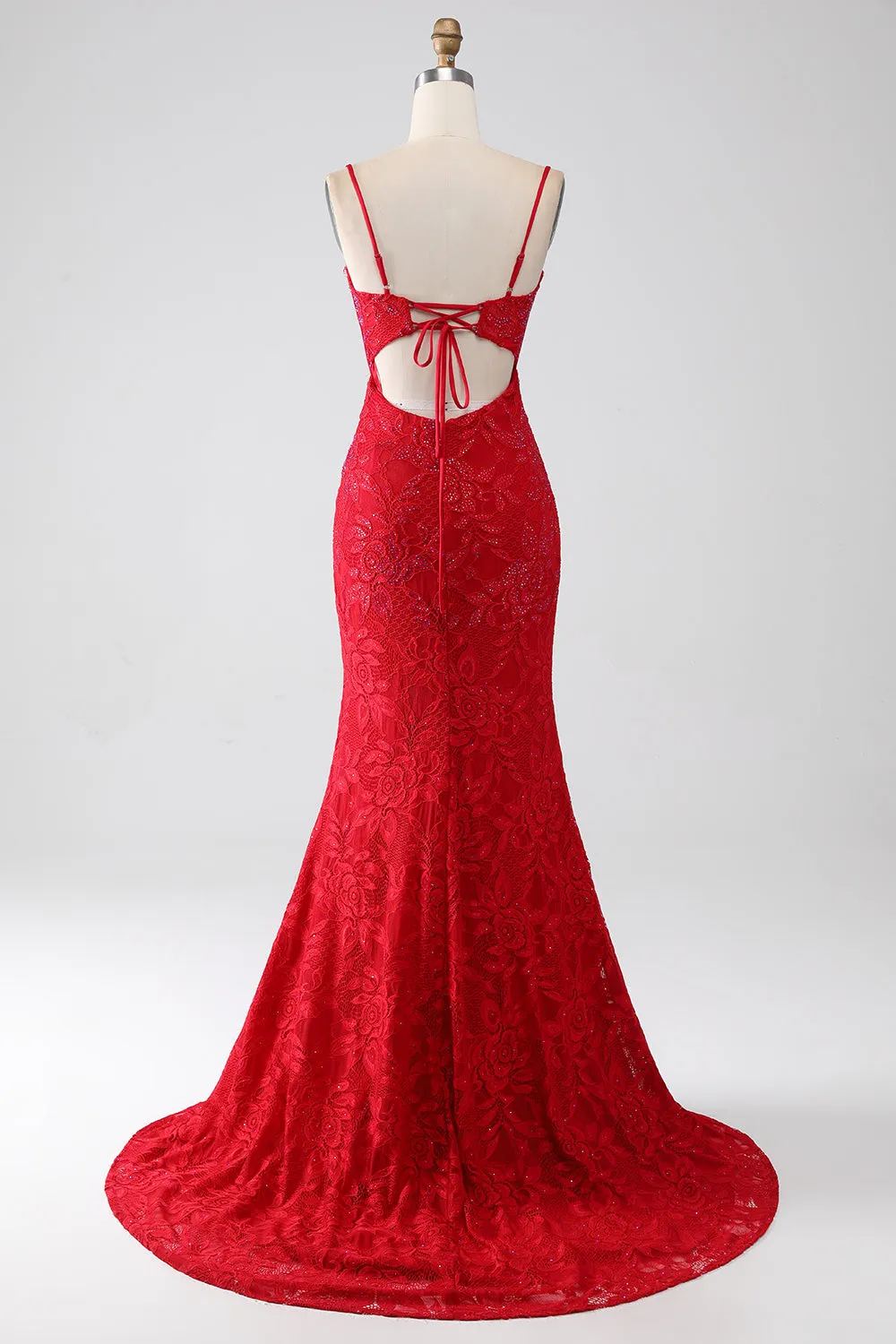 Red Mermaid Spaghetti Straps Beaded Lace Applique Long Prom Dress With Slit sold by Wedtrend product image thumbnail 2