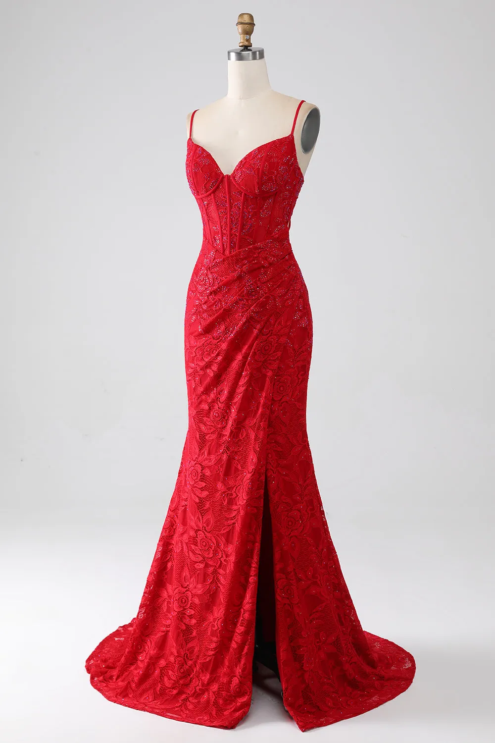 Red Mermaid Spaghetti Straps Beaded Lace Applique Long Prom Dress With Slit sold by Wedtrend product image thumbnail 3