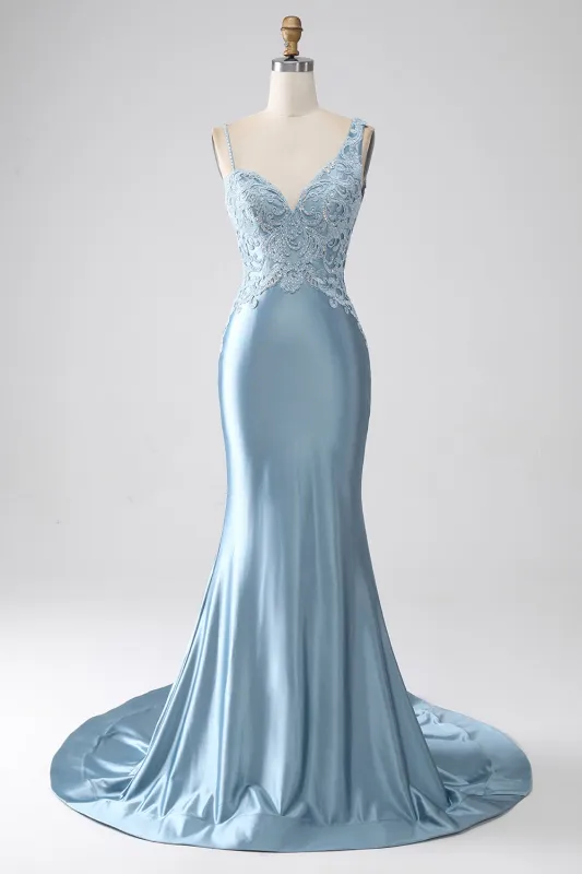 Grey Blue Mermaid Spaghetti Straps Long Beaded Prom Dress With Appliques made by Wedtrend