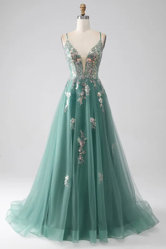 Sparkly Green A-Line Spaghetti Straps Long Prom Dress With Sequin Appliques made by Wedtrend