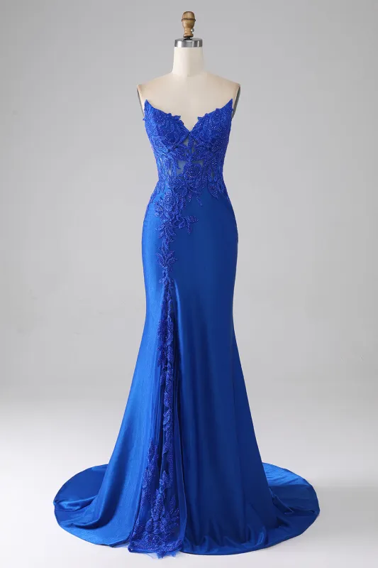 Royal Blue Mermaid Strapless Long Beaded Prom Dress With Appliques made by Wedtrend
