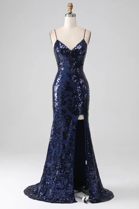 Shimmering Mermaid Spaghetti Strap Sequins Prom Dress with Slit made by Wedtrend