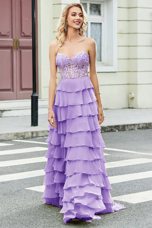Gorgeous A Line Sweetheart Corset Lilac Prom Dress with Appliques Ruffles made by Wedtrend