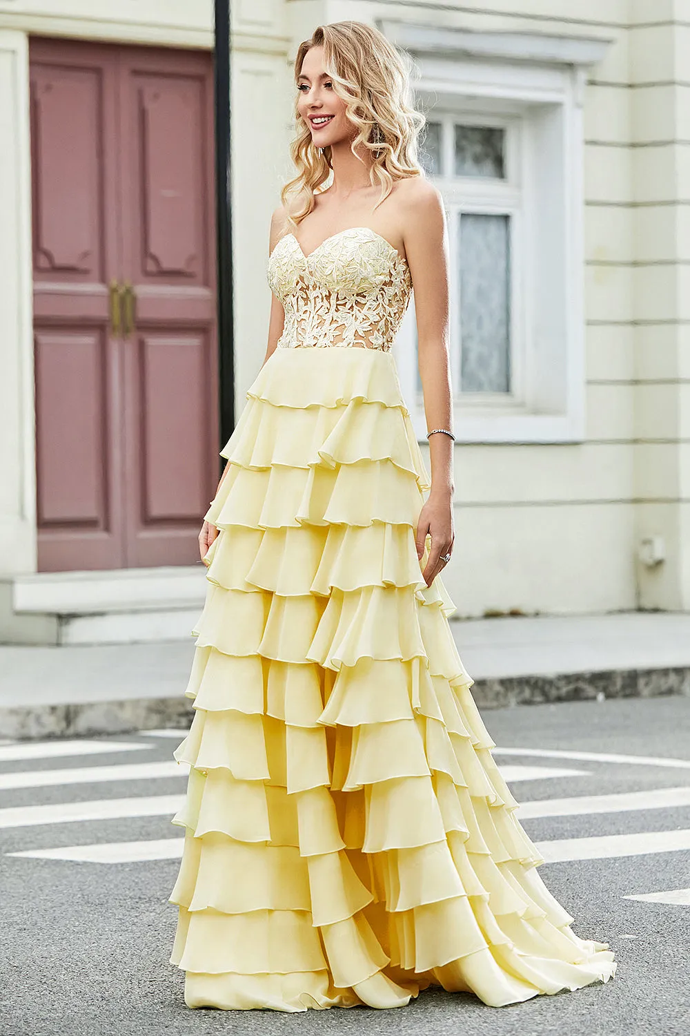 Gorgeous A Line Sweetheart Corset Yellow Prom Dress with Appliques Ruffles sold by Wedtrend product image thumbnail 4