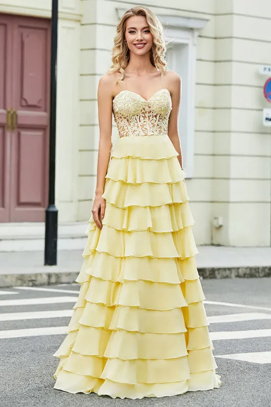 Gorgeous A Line Sweetheart Corset Yellow Prom Dress with Appliques Ruffles made by Wedtrend