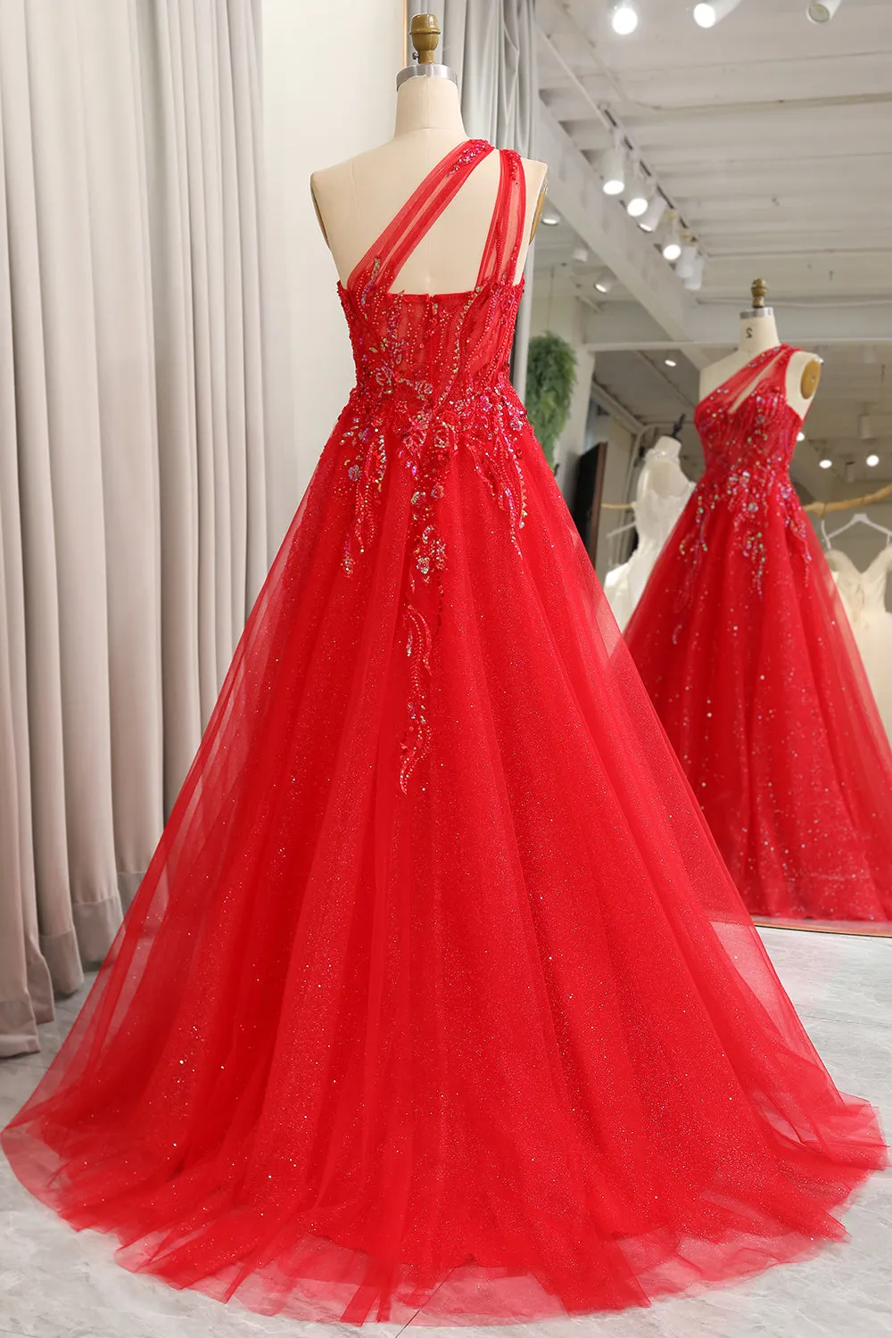 Sparkly Red A-Line One Shoulder Long Prom Dress With Sequins sold by Wedtrend product image thumbnail 2