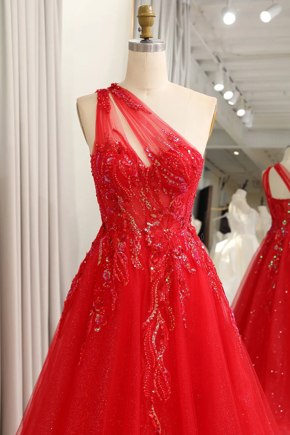 Sparkly Red A-Line One Shoulder Long Prom Dress With Sequins sold by Wedtrend product image thumbnail 4