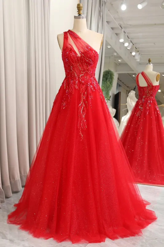 Sparkly Red A-Line One Shoulder Long Prom Dress With Sequins made by Wedtrend