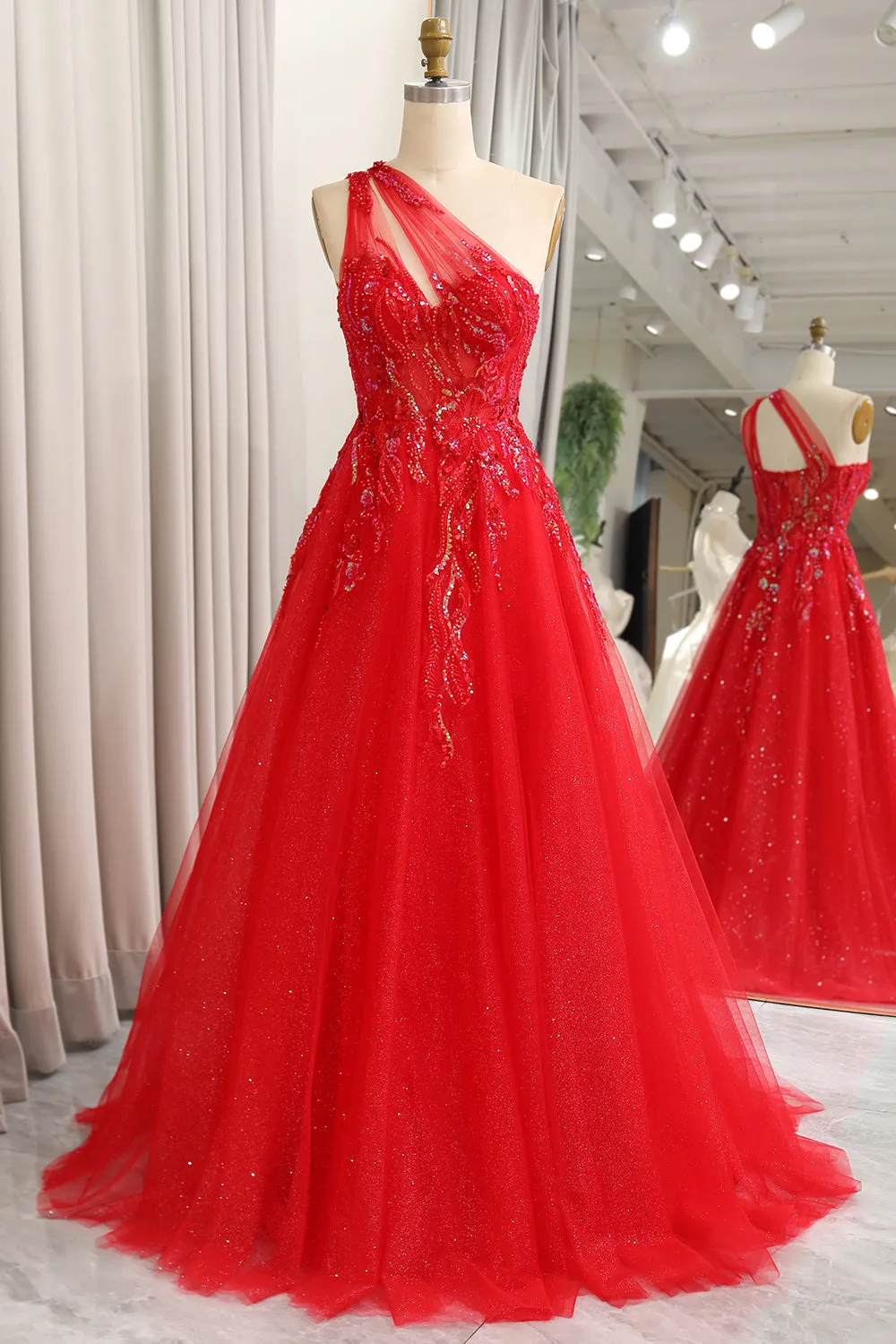 Sparkly Red A-Line One Shoulder Long Prom Dress With Sequins sold by Wedtrend