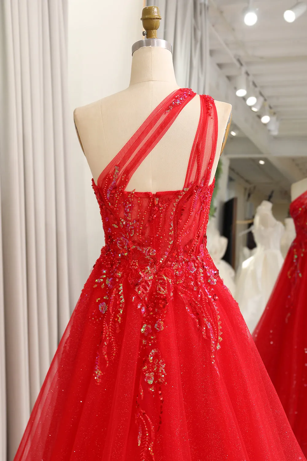 Sparkly Red A-Line One Shoulder Long Prom Dress With Sequins sold by Wedtrend product image thumbnail 5