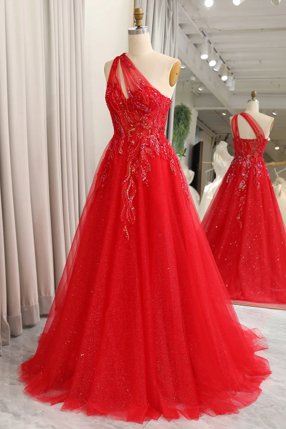 Sparkly Red A-Line One Shoulder Long Prom Dress With Sequins sold by Wedtrend product image thumbnail 3