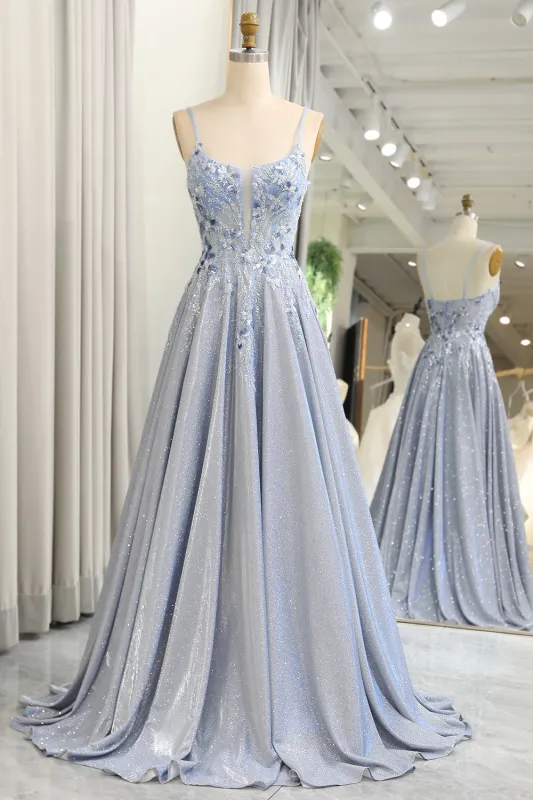 Glitter Grey Blue A-Line Spaghetti Straps Long Prom Dress With Appliques made by Wedtrend