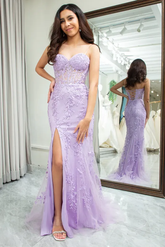 Mermaid Sweetheart Lace Corset Long Light Purple Prom Dress with Slit sold by Wedtrend