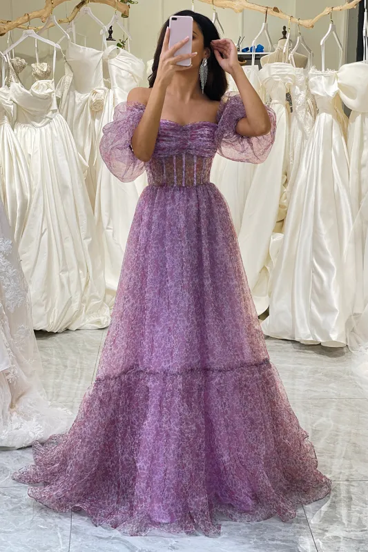 Purple A-Line Square Neck Corset Prom Dress with Half Sleeves sold by Wedtrend